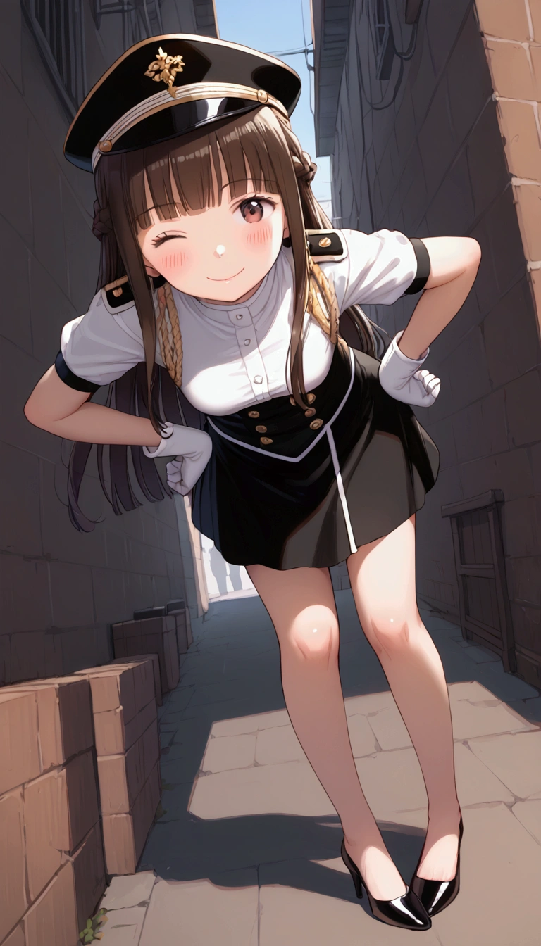 {Highest quality}, {Super beautiful},{Ultra fine},{Best illustration},Brown Hair,Hime cut,long hair,Braid,One woman,Standing Woman,Strike a pose,smile,smilingly,Smile,Wink,Uniform cap,White Shirt,Short sleeve,Long black skirt,White gloves,In the back alley,Blushing,Slender,Black stiletto heels,barefoot,From an angle,From below,Leaning forward,Place hands on hips