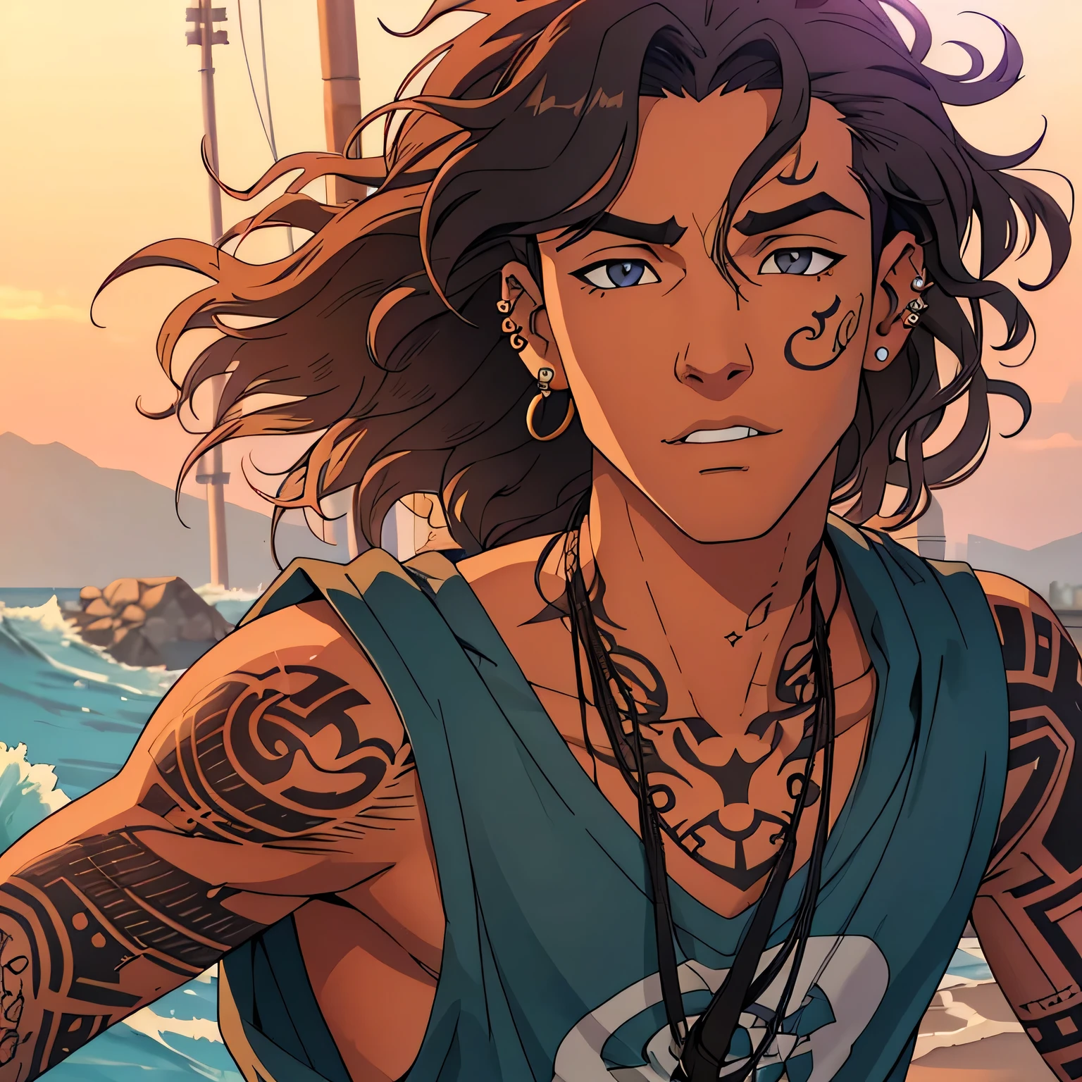 Young boy, (long, wavy hair), (tan skin), (piercings), (tattoos), expressive face, relaxed pose, wearing a casual stylish outfit, ultra-detailed, high resolution, capturing youthful energy and confidence.