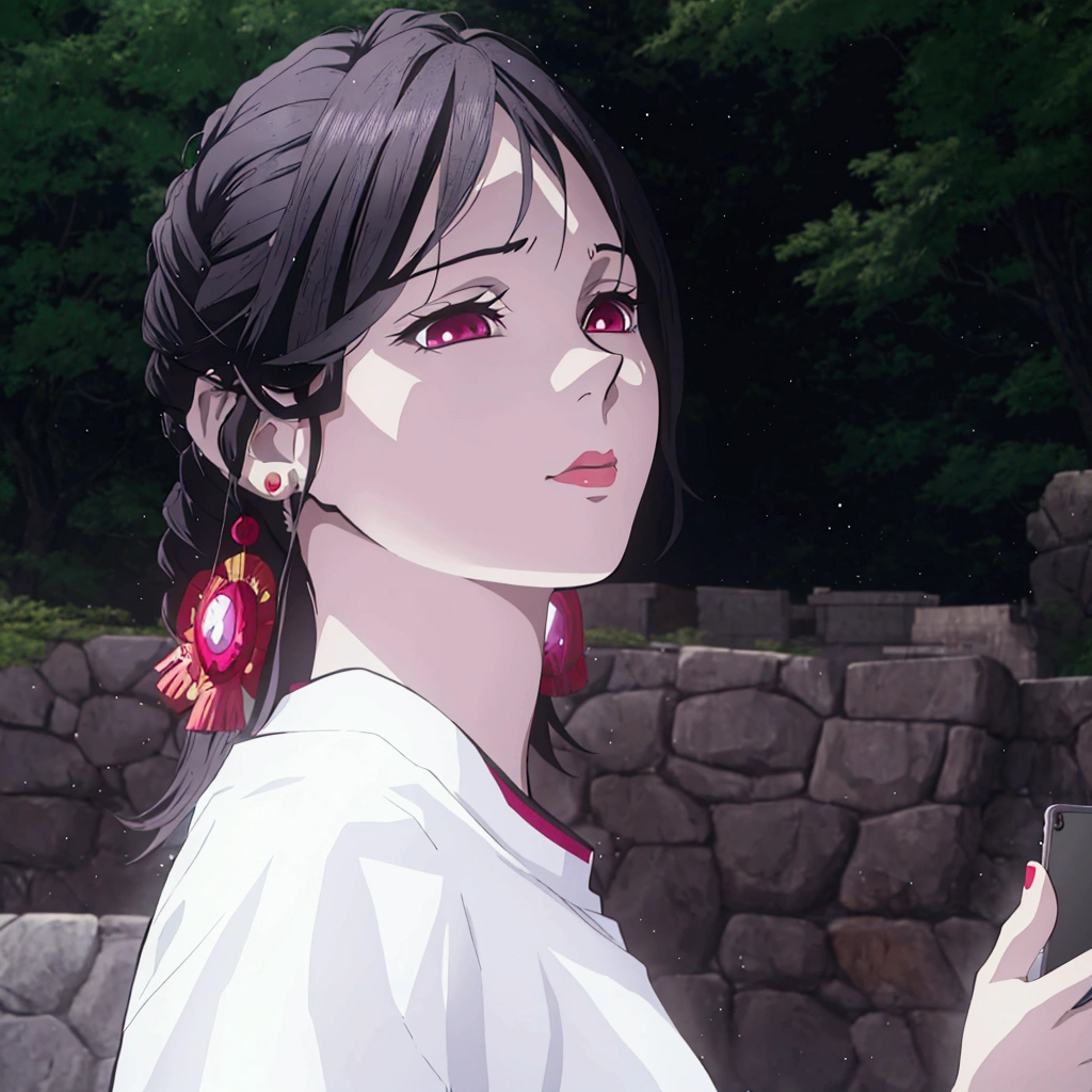 demon slayer style, anime girl with black hair and red earrings holding a cell phone, artwork in the style of guweiz, anime visual of a young woman, guweiz, anime visual of a cute girl, close up of a young anime girl, smooth anime cg art, realistic anime 3 d style, made with anime painter studio, photorealistic anime, profile of anime girl