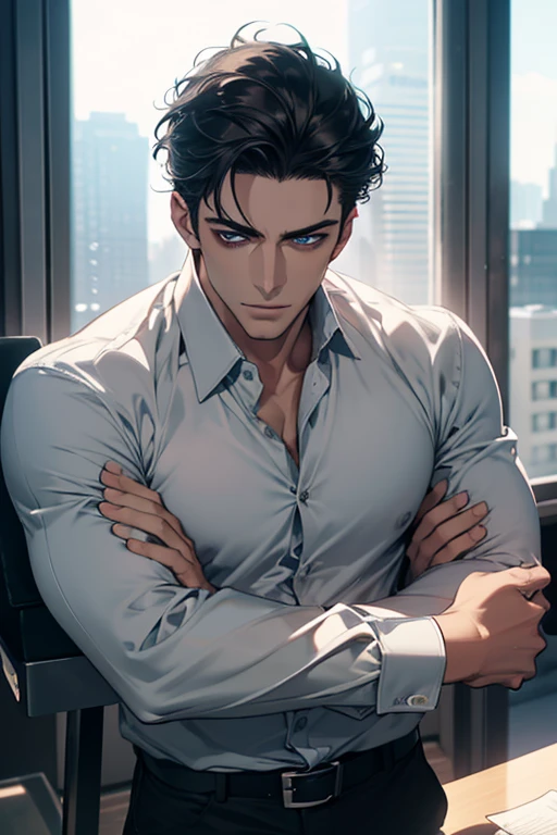 (Best Quality,4k,8k,high resolution,Masterpiece:1.2),ultra detailed,(realist,photorealist,photo-realist:1.37),1 man,31 years,mature man,very handsome,without expresion,muscled body,short gray black hair,Blue eyes,glare,perfect face without mistakes,imposing posture,businessman,office background,cinematic lighting,imagen HDR