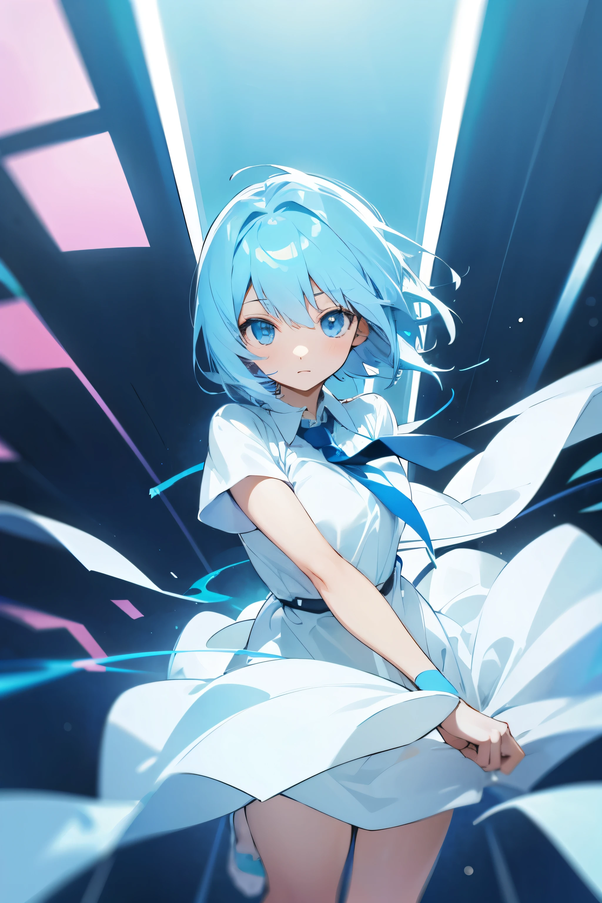 Light blue hair, anime, white dress, simple and soft, floaty, mysterious, office dress, tie, professional