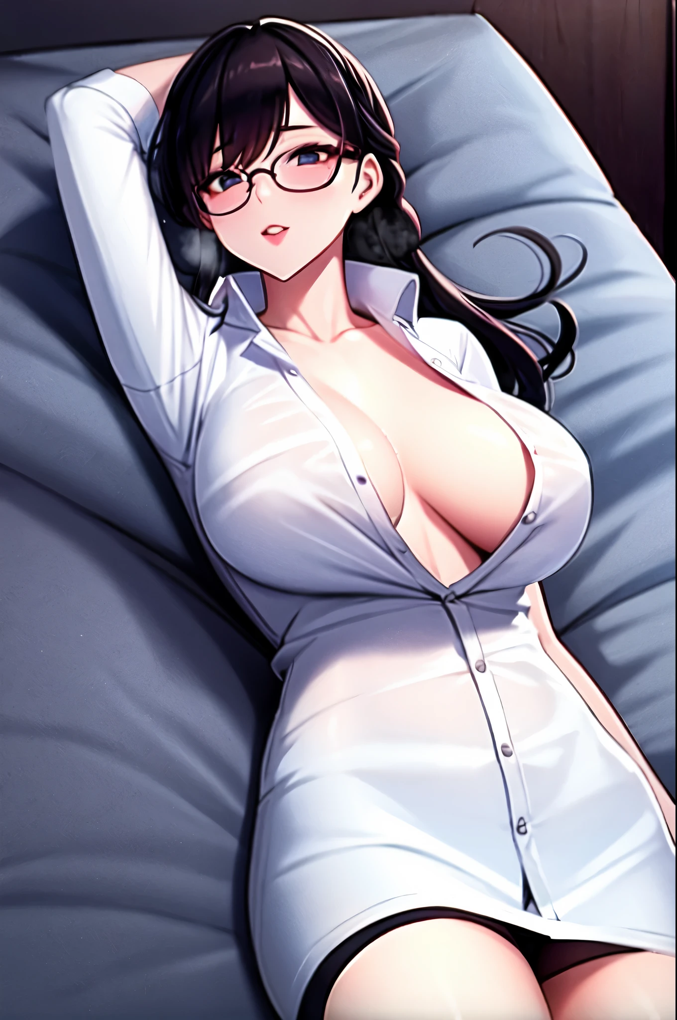 popped collar ,High collar,White shirt,sexy Wife,Lying down,Naked shirt,Dress shirt,Glasses,MOTHER,