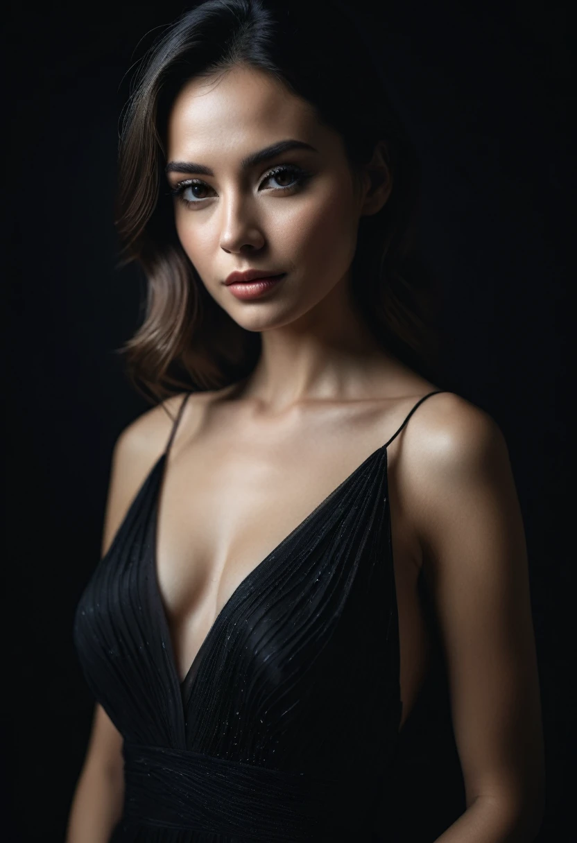 dark shot, film grain, A close up of a woman in a beautiful black dress and a black background, ultra clear, high quality
