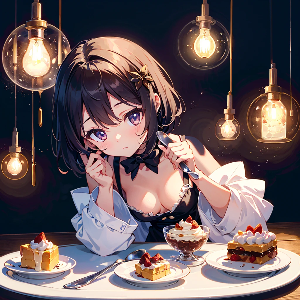 {{{Masterpiece, highest quality, high resolution background}}}, bright and beautiful atmosphere, 1 girl (2 years old, 1 short-tempered round face), small breasts, pudding on a plate in the kitchen, squatting over pudding A girl looking in, holding a spoon in her right hand, "deltamon_sdXL :0.73) >Deltamon"