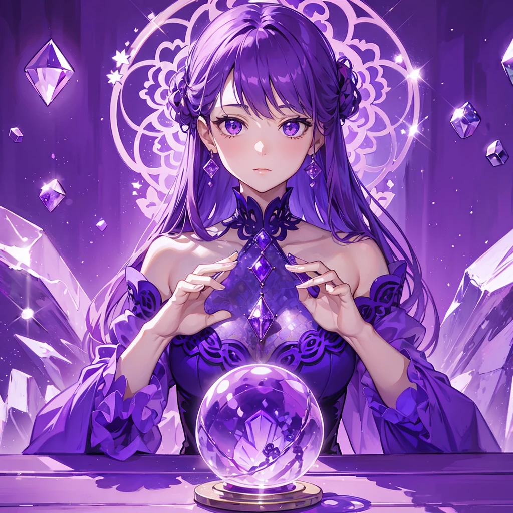 Beautiful Hands, Unbroken Hand, Highest quality, masterpiece, Great background, Purple amethyst crystal ball on a table, Woman placing her hand on a crystal ball, View Crystal, Dressed like a purple witch, Long purple hair, Wearing purple lace,