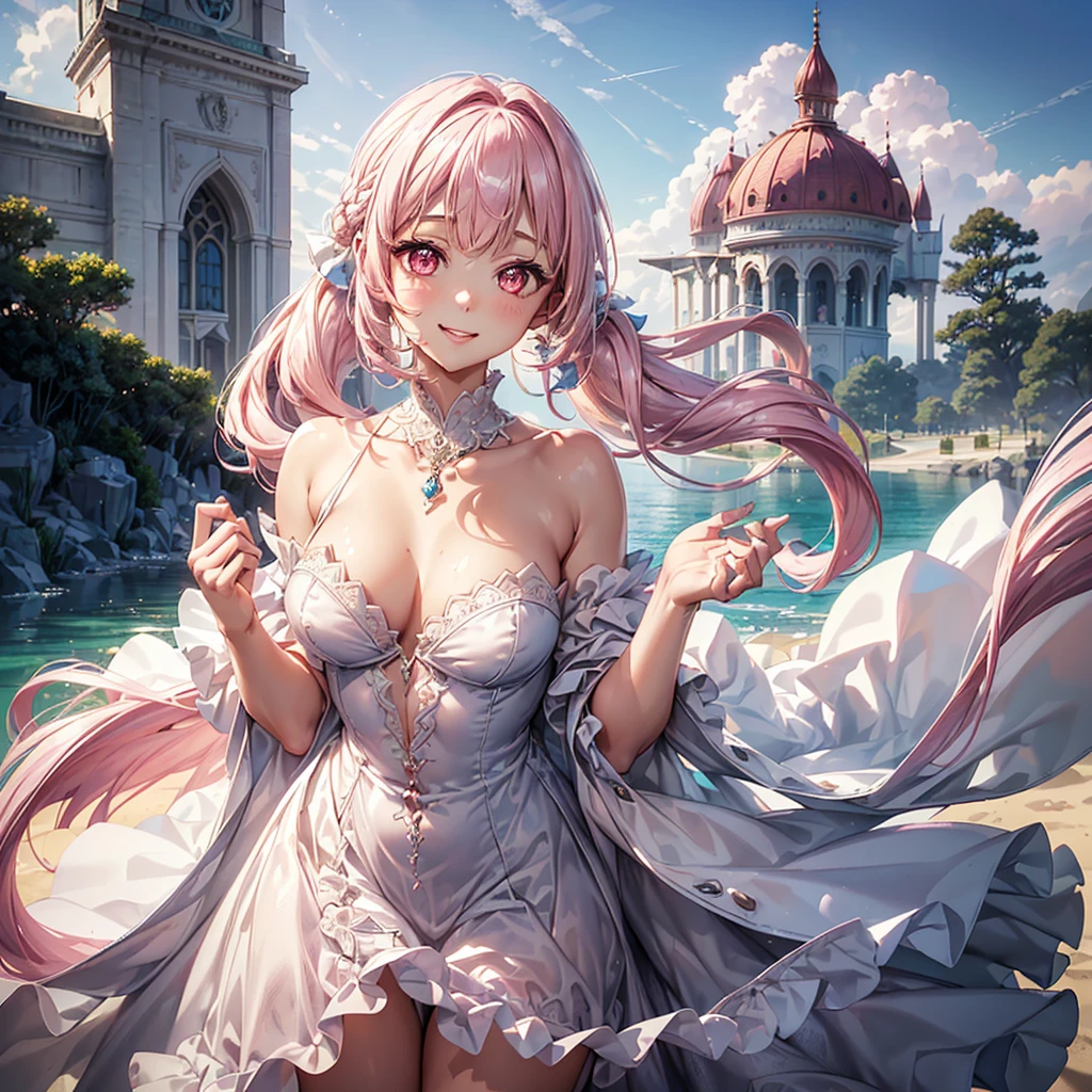 (8K, masutepiece, Highest Quality, Best Quality, Official art, Breathtaking beauty and aesthetics, A highly detailed, The best masterpiece in history that exceeds limits, Breathtaking and beautiful lighting:1.2), (1 Absolute Beautiful Girl, Solo:1.3), sixteen years old, (shiny white skin), (pink twin tail hair, Bangs:1.5), (adolable big pink eyes, drooing eyes:1.5), (Breathtaking Beautiful baiana dress, ruffled dress, blue lace trim, Cutwork, blue frilled neckline, flared skirt, blue and white dress, layered dress, puffed_sleeves), (bust:1.2), (happy smile, Beautiful smile, Gentle smile, cute smile, innocent smile like an angel:1.2), (Attractive, amazing, Beautiful, Elegant, Luxurious, magnifica, Eye-catching, the ultimate beauty, Supreme Beauty, Superlative beauty, Elegant, Beauty, Graceful, Everyone loves it, Beauty that fascinates everyone, Healed, The highest level of complete beauty, cute like an idol, Stylish like a fashion model, Goddess-like grace, Be loved, cute little, adolable, Look at the camera, cute little pose, Happy), breathtaking scenery, (standing, Breathtakingly beautiful Luxurious spring garden, blue sky:1.5),