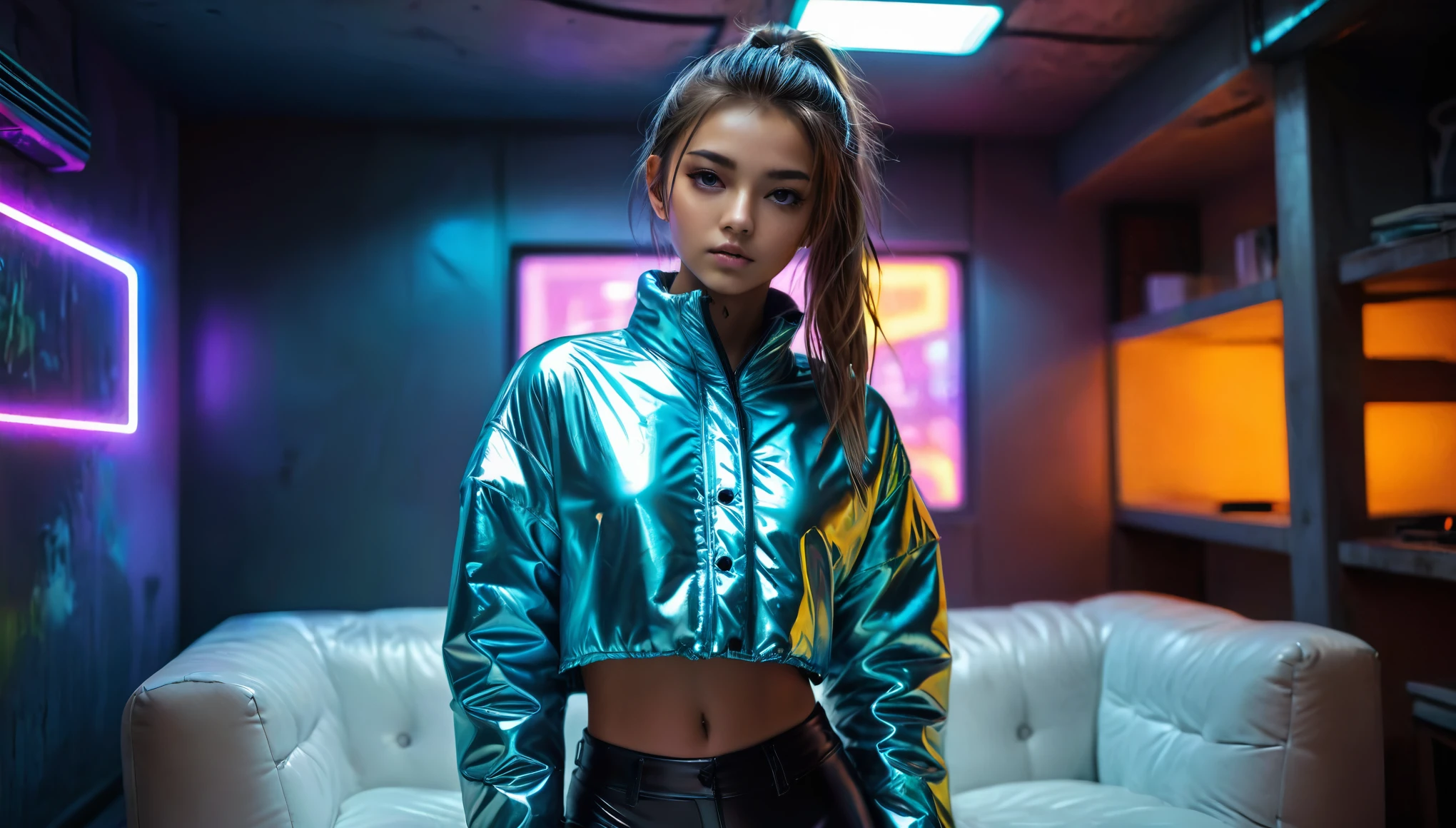 Top Quality, Masterpiece, High Resolution, 8k, (cute skinny barely legal girl ((((in oversized loose shiny puffer crop shirt with deep cleavage, deep neckline)))) and wetlook leggings, ((small perky breasts)), beautiful detailed eyes, beautiful detailed lips, small closed mouth, extremely detailed face, tanned skin, long slick ponytail hair, small hips, some tattoos, very young girl, age girl), (((in cyberpunk apartment, random pose next to a couch))), moody atmosphere, random dramatic and neon colors, futuristic setting, intricate details, at night, backlit, full body shot