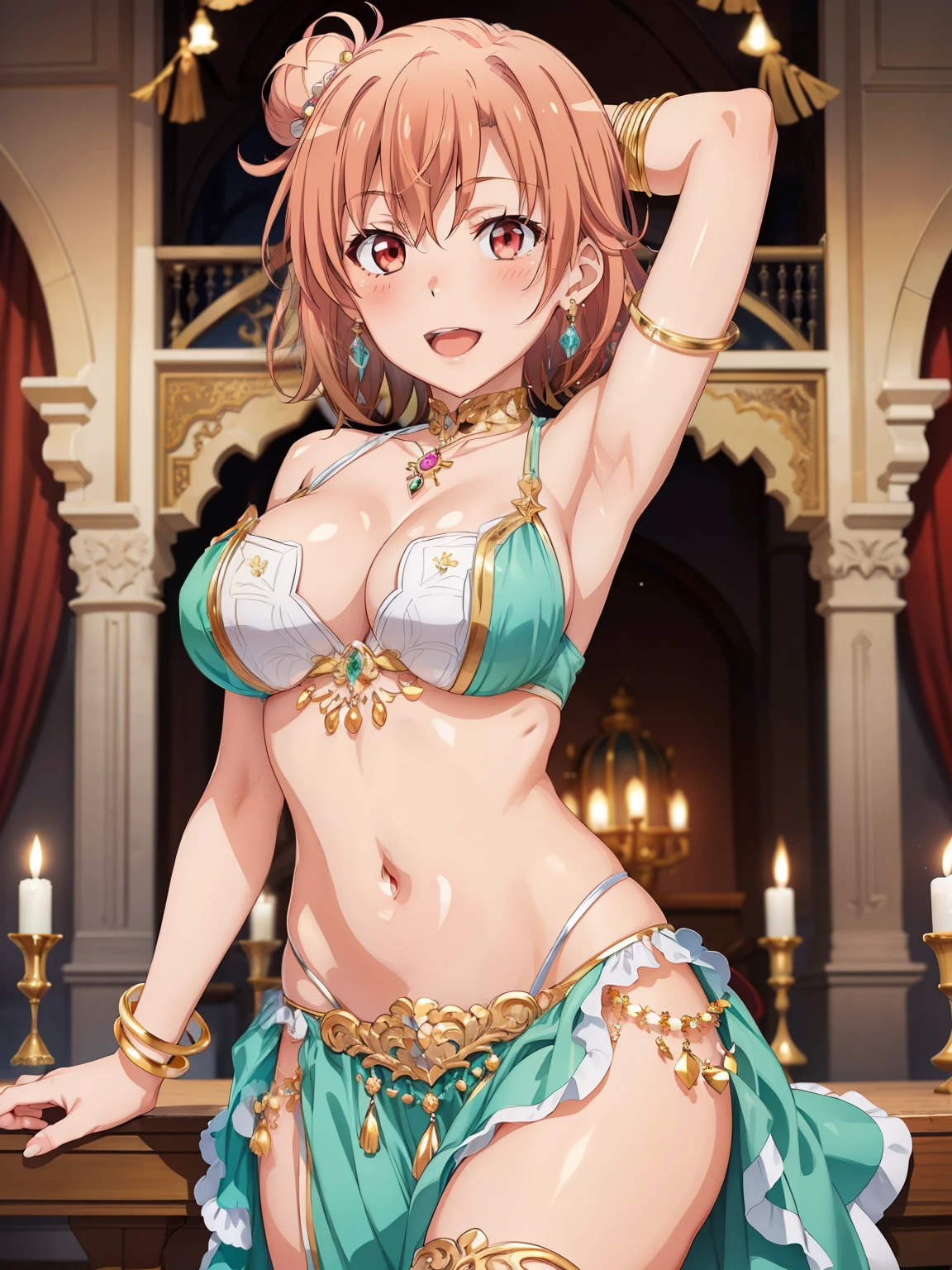 ((Highest quality, High resolution,  Perfect Pixel,  4K)),  (Beautiful Anime Girls), Depth of written boundary、

Perfect body, 

yuigahama yui, (Big Breasts:1.3)、 Red eyes、 short hair, Single hair bun、

smile , (blush)、Open your mouth、
Cleavage、Armpit、belly button、Groin、
HUD_2_BllyDncr, gems, Orange Good, arm band, anklet, long chiffon skirt, belt, jewelry、

Luxurious Arabian-style room with lavish golden decoration,
night、