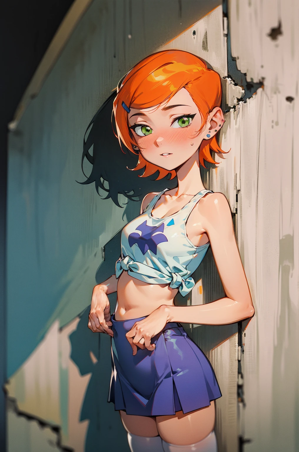 (Masterpiece), Best Quality, ultra-detailed, 1girl (Gwendolyn_Tennyson, breasts, orange hair, short hair, green eyes), a face in love, weary smile, parted lips, nose blush, blush , looking at viewer, solo, white tank_top (tied), navel, purple skirt, ultra mini skirt, white thighhighs, forest, standing, Sexy waist teasing, cowboy shots