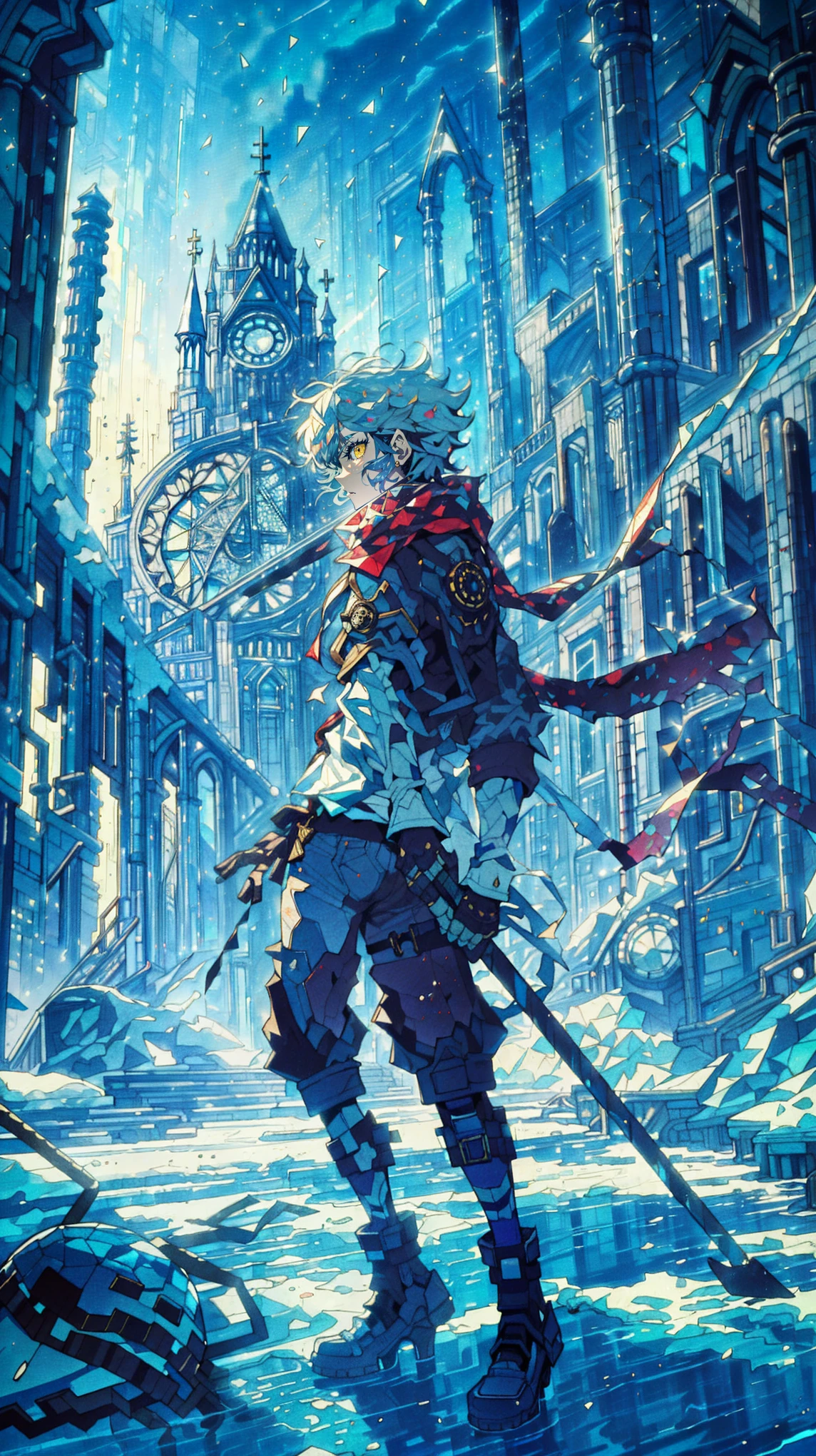 (high quality), (masterpiece), (detailed), 8K, Character navigates icy streets of (frozen city1.3), eyes fixed on ruined (Clockwork Cathedral1.3), now reduced to scrap and overgrown with frost-covered vines. Winter's chill permeates air as they make decisive move to explore remnants of once-majestic structure. fantasy world, dark background, clean design, epic, artstation, colorful paint splatter, silhouette, hyper detailed intricate details, unreal engine, fantasy, splash screen, complementary colors, deviantart masterpiece, oil painting, heavy strokes, paint dripping, indifferent expression, ((boy)) 