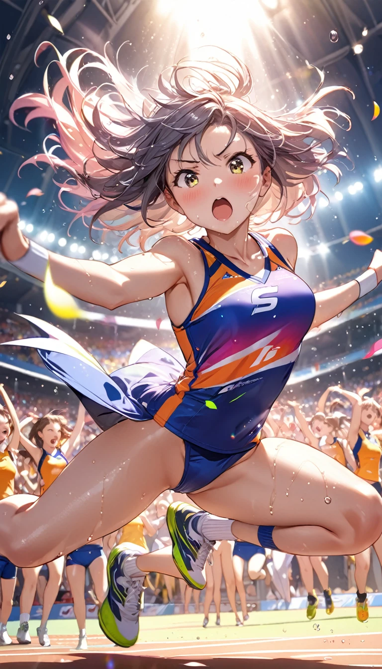 (Sports magazine cover photo), Highest quality, Great quality, 16K, Unbelievably absurd, Very detailed, delicate and dynamic, Natural light, The particles reflect light, Diffuse reflection of light, Many rainbow-colored petals fall, Beautiful truck studium, Sparkling Sun, Diffuse reflection of light, Create amazing image effects, , Wet, sweating, athletics, Long jump, Long jumper, Jumping high, Close-up(Cute sexy girl, big bouncing busts, Sensual expression, Cool girl, Serious, passion, Dynamic, Flashy Athletics Uniforms, ,audience , much-air-laden cheer)