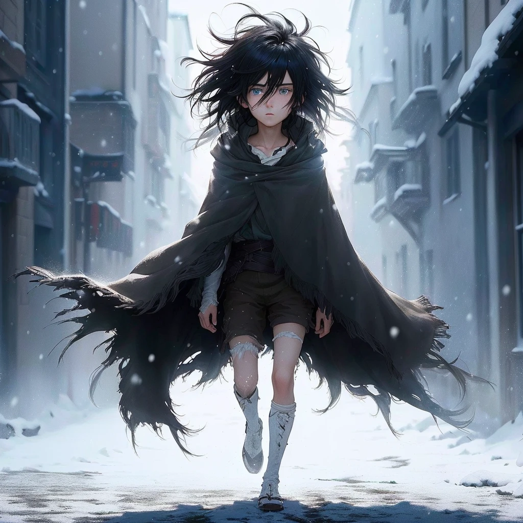 garoto de anime andando na neve em uma cidade, o garoto do anime está montado em um cavalo, no filme de anime, tiro épico de anime 8k hd, Também, 2 0 2 1 anime, “ anime, cinematic | | muito anime, Arte oficial, 2 0 1 9 anime, anime, o anime em destaque de hoje ainda, badass anime 8 k, Eren Yeager. Setting: a small classic medieval town from the 800s,
A boy in the center of the image on top of a horse Appearance: A slight child, with long, disheveled black hair that flies in the wind. His face is pale and his eyes are crystal blue. He is wearing an old, tattered cloak covered in snow
