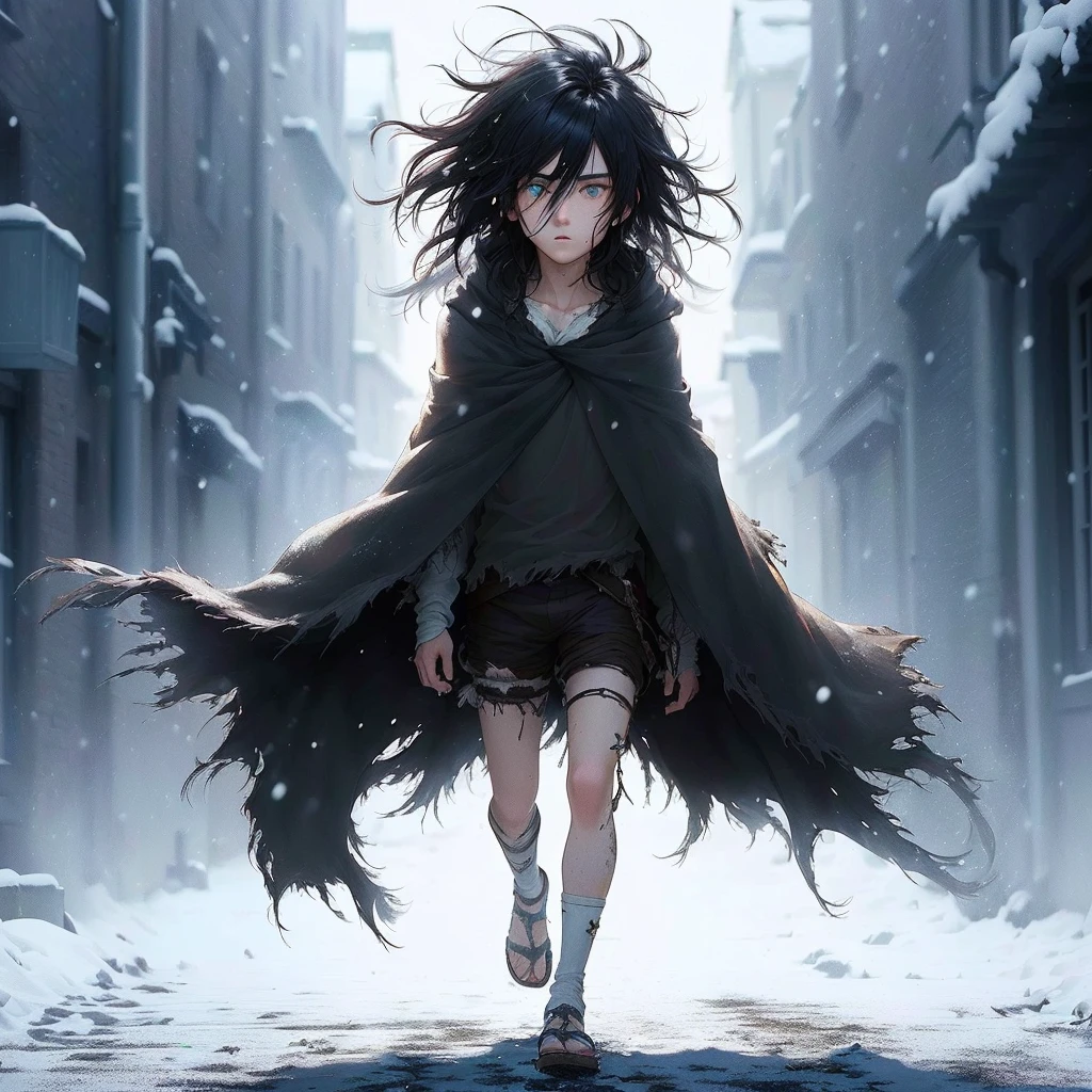 garoto de anime andando na neve em uma cidade, o garoto do anime está montado em um cavalo, no filme de anime, tiro épico de anime 8k hd, Também, 2 0 2 1 anime, “ anime, cinematic | | muito anime, Arte oficial, 2 0 1 9 anime, anime, o anime em destaque de hoje ainda, badass anime 8 k, Eren Yeager. Setting: a small classic medieval town from the 800s,

A boy in the center of the image on top of a horse Appearance: A slight child, with long, disheveled black hair that flies in the wind. His face is pale and his eyes are crystal blue. He is wearing an old, tattered cloak covered in snow
