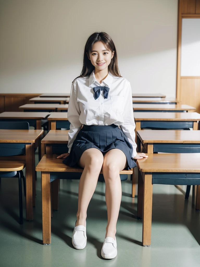 Young Face 18-year-old Brown Hair Japanese school girl uniform White shirt Check Ultra Mini Skirt 立っているwhole bodyポートレート Big Breasts crisp, Clear images from fingertips to toes 5 fingers each, beautiful smile Looking down School Schoolの教室 In the classroom whole body The shoes are black loafers One Girl, High resolution, smile, Highest quality, 超High resolution, Simple Background, Feet in the frame,