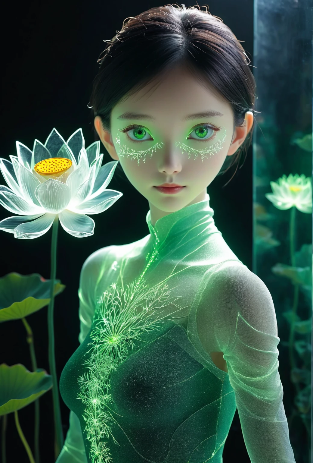 high resolution, Very detailed, (1 girl:1.3),（lotus）
BREAK sunshine, reverberation, Experimental photography, Surreal contrasts, Eye-Catching Visuals, Artistic abstraction,
Breaking the art of cutting, Layered Outlines, Complex Mode, exquisite craft, shadow play, Depth and size, Creative Expression,
break art, Frozen sculpture, translucent形式, short-lived beauty, Crystal structure, exquisite craft, Touch,
Breaking Green Eyes,Body Glow，Glowing Line，Fluorescence,Glow Example，Sample traces，flash，萤Light Particles，Backlight，translucent，Light Particles