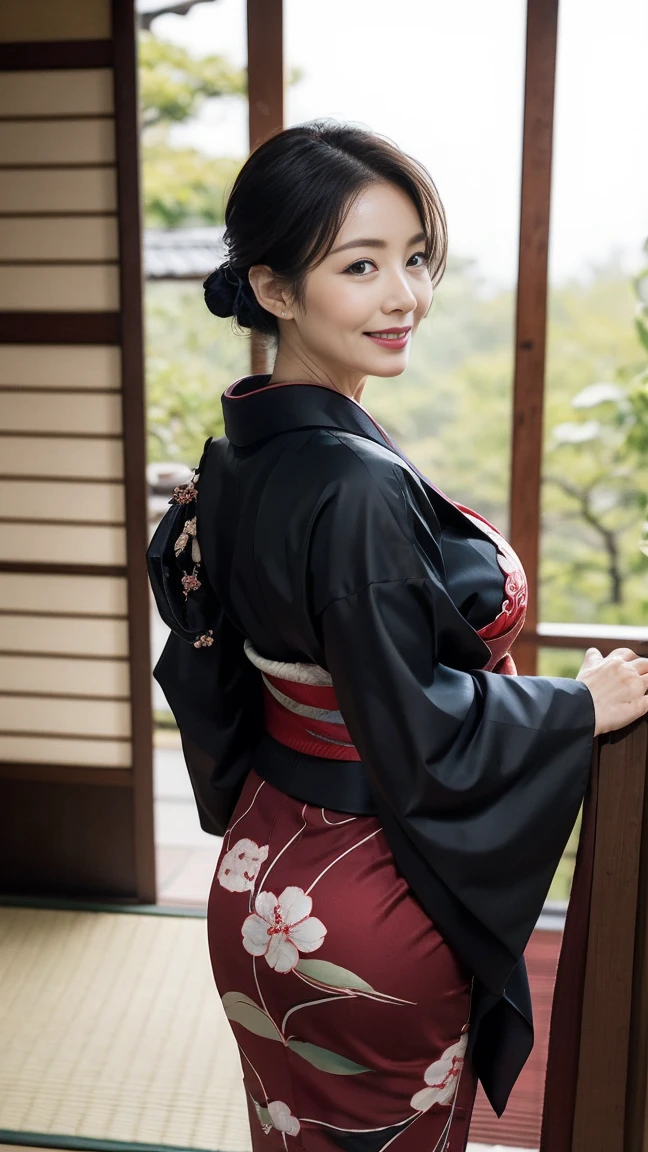 Mature attractive sexy woman,50 years old, ((kimono)),((green))、(((kimono))),Shut,((Big Breasts:1.1)),(Facial wrinkles:1.3),light makeup,Light brown hair,Long Hair,(Full body photo:0.85),(Emphasize big buttocks),8k, RAW Photos, Highest quality, Laughter,masterpiece,Highest quality、A kind smile、A captivating gaze、Random Hairstyles、Japanese-style room、Shoji Screen、lanthanum、