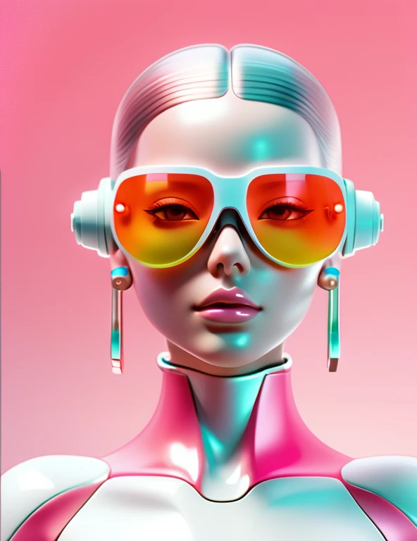 3D illustration of the whole body and face of an artificial intelligence model wearing futuristic glasses, Stylish sunglasses,Gradient Background, Pastel Color Palette, Pink White, Simplicity, Cold metal texture, Surrealism, Earrings, Bun Hair, chest:2