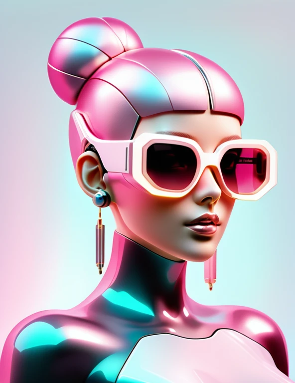 3D illustration of the whole body and face of an artificial intelligence model wearing futuristic glasses, Stylish sunglasses,Gradient Background, Pastel Color Palette, Pink White, Simplicity, Cold metal texture, Surrealism, Earrings, Bun Hair, chest:2