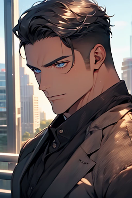 (Best Quality,4k,8k,high resolution,Masterpiece:1.2),ultra detailed,(realist,photorealist,photo-realist:1.37),1 man,31 years,mature man,very handsome,without expresion,muscled body,short gray black hair,Blue eyes,glare,perfect face without mistakes,imposing posture,businessman,office background,cinematic lighting,imagen HDR