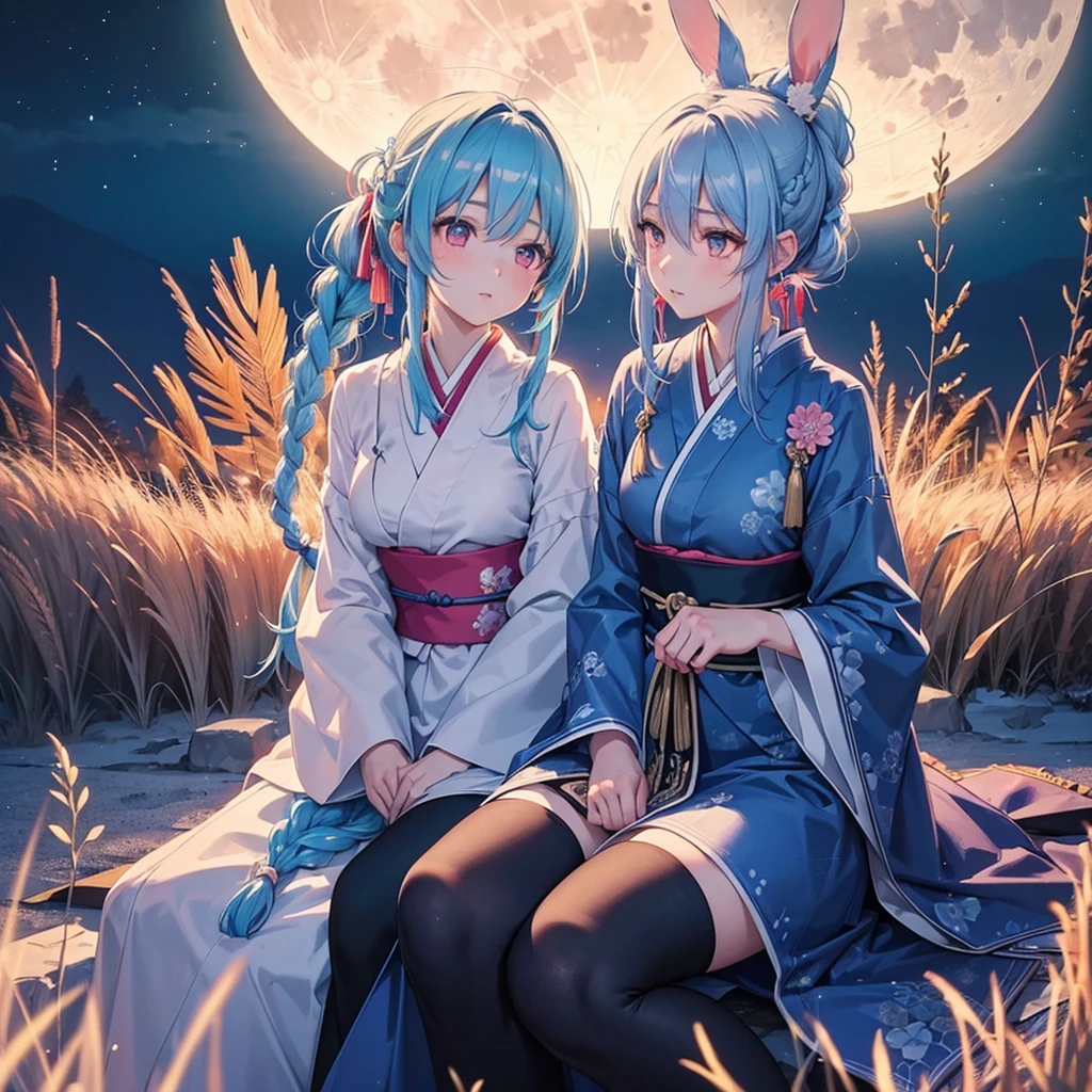 Sky blue hair, (Braided Ponytail:1.2), Pink eyes,Fair skin ,(whole body),(One Girl),Tsukimi,(White sweet dumplings ),White round dumplings,Japanese pampas grass,(beautiful, Full moon shining in the night sky),(masterpiece, Highest quality, Very detailed, Best Shadow), (Detailed Background), (Beautifully detailed face), High Contrast, (Best lighting, Very delicate and beautiful), ((Cinematic Light)), colorful, Hyper Detail,8k, Dramatic Light, Intricate details,Sit and eat dumplings while watching the moon,(Shadow of a rabbit on the moon),mysterious