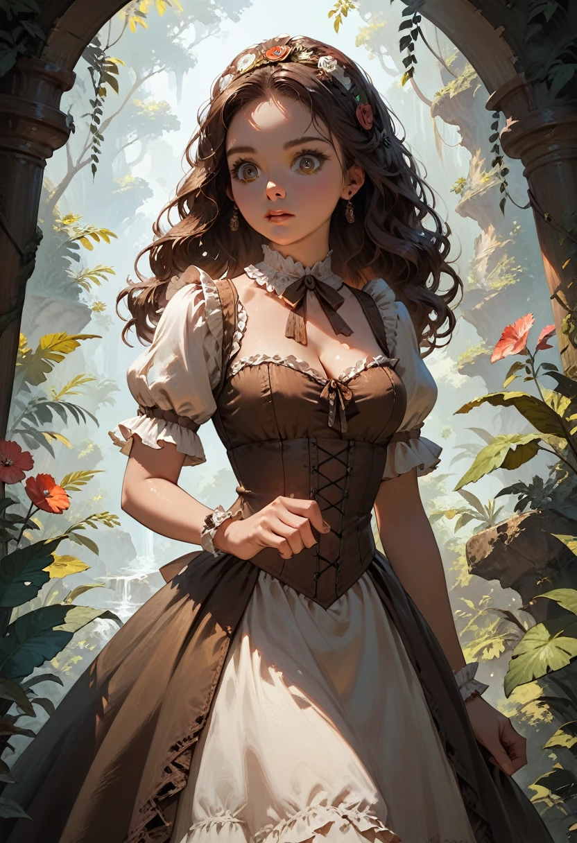 female bear mid transformation, solo, masterpiece, best art, victorian dress. detailed hands, detailed eyes, detailed torso, jungle, expression, transformation, human face, brown shaggy hair.