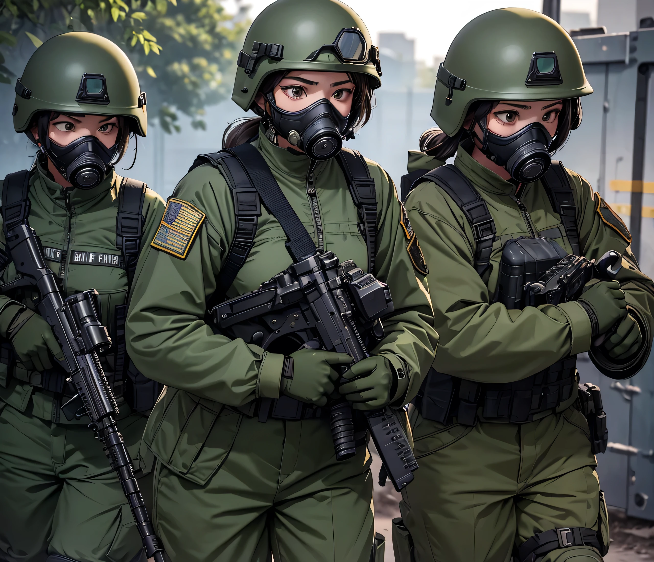 A group of female special forces soldiers with their fists clenched、All wearing dark green M-51 military uniforms、Wear a steel helmet、Wear goggles、wearing gas masks、Knee pads、Write details、masterpiece、best quality、Highly detailed CG、8K quality