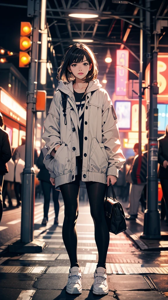 A young woman standing on the street, blur the background, comely, photorrealistic