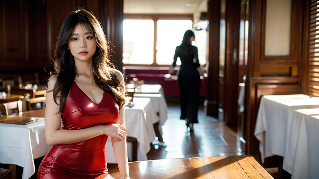 Full-length shot, Best quality, a  25y chubby latin women, wearing red evening dress, tight breast, hair blowing in the wind, fashionable, moody atmosphere, beautiful shadow, sunlight exposure, dramatic posing sitting at a table with the white tablecloth in a restaurant, kodacrhome, cinematic lighting, masterpiece composition, perfect direct of photography, realistic face and eyes, realistic skin, ultra highly detailed, centered object, sharp focus, beautiful film bokeh, surreal view, candid photo, shot by zenit camera with 35mm lens, cinematic photo by annie leibovitz