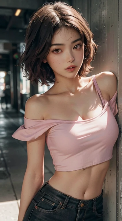 best qualtiy,tmasterpiece,Ultra-high resolution,(Fidelity:1.4),RAW photogr,1girll,Sexy eyes,Cropped crop top,Pink off-the-shoulders,cinmatic lighting