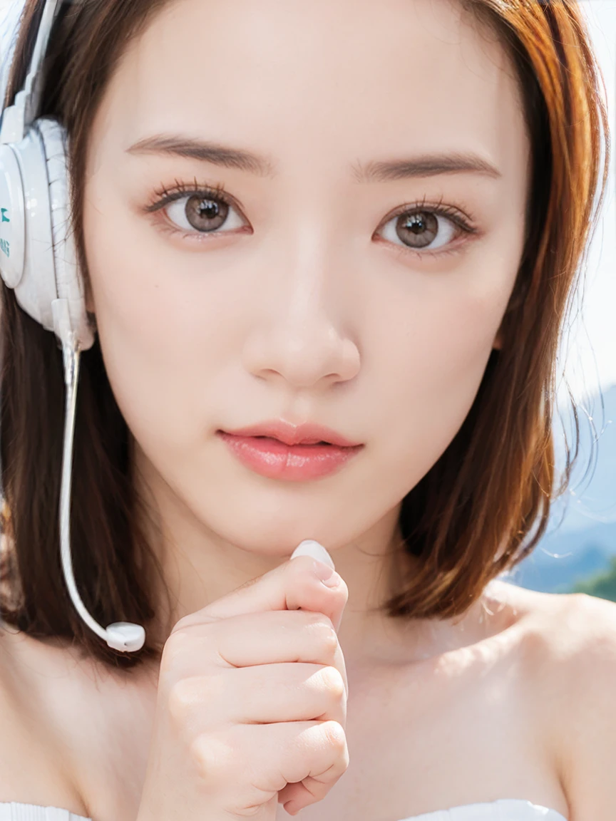 Highest quality, masterpiece, Ultra-high resolution, (Actual:1.3), Original photo, (Nature Photography), (Majestic mountain peaks, sea of clouds), (On top of a very large mountain), (sunset), (girl), (Upper Body),"(Top Quality, Masterpiece, Natural Light: 1.0), (Side View: 0.0), (Cowboy Shot: 0.0), (upper body: 1.8), (Close-up: 1.8), Portrait, Cinematic Lighting, Glow, Ray tracing, reflected light, f135mm, uhd, accurate, skin texture, super detail, great detail, high quality, highest quality, 8k, (Surrealism: 1.2), BREAK, (Japanese: 1.3), (22 years old: 1.0), (Small breasts: 1.6), (Long, large, slit eyes: 1.8), (Realistic eyes: 1.8), (Height at 165cm: 1.2) , (Transparent white skin: 1.2), (Short curly bright pink hair with bangs: 1.3), (Deep eyeshadow makeup: 1.4), BREAK, (Correct hand: 1.6), (Correct fingertips: 1.6), Sexy pose, (Place hand near cheek: 1.8), BREAK, (Big white headphones: 1.4), (Wearing an orange and white printed strapless dress: 1.3), BREAK,