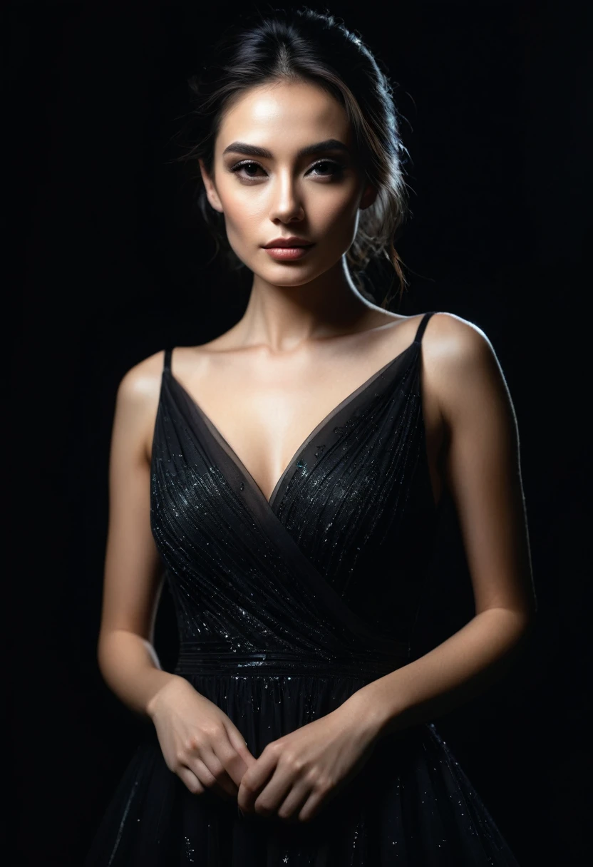 dark shot, film grain, A close up of a woman in a beautiful black dress and a black background, ultra clear, high quality