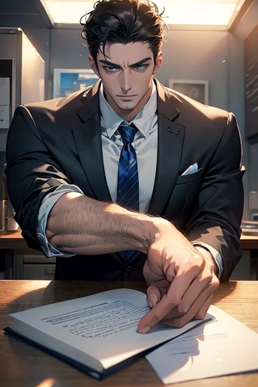 (Best Quality,4k,8k,high resolution,Masterpiece:1.2),ultra detailed,(realist,photorealist,photo-realist:1.37),1 man,31 years,mature man,very handsome,without expresion,muscled body,short gray black hair,Blue eyes,glare,perfect face without mistakes,imposing posture,businessman,office background,cinematic lighting,imagen HDR