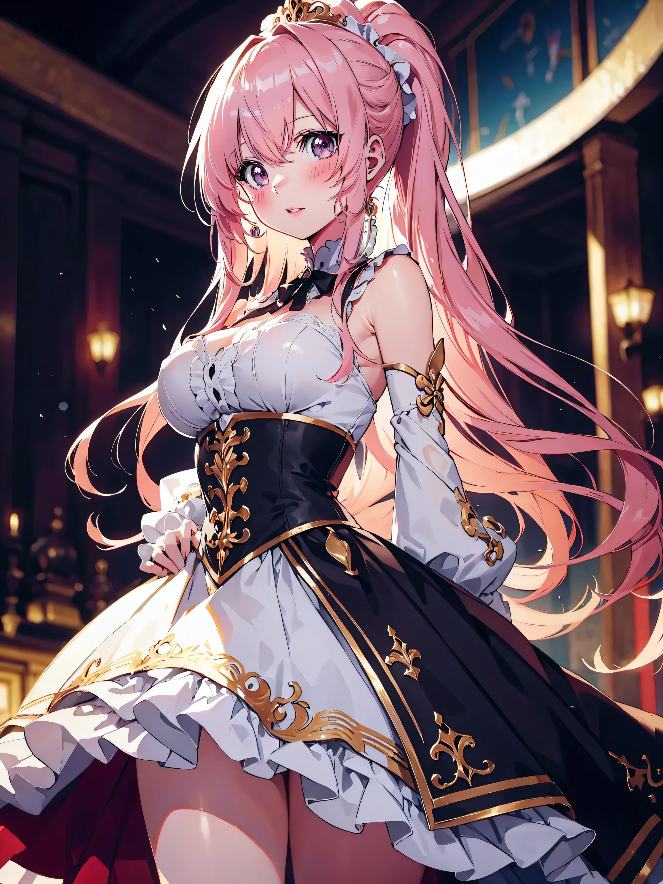 ((Superbly detailed drawing, ultra detailed, exquisite quality, absolutely resolution)), (((Unsurpassed gorgeous rococo gown))), ((voluminous huge hoopskirt and long hems)), solo girl, beautiful and very kawaii face, kawaii face, (ponytail, fluffy pink hair:1.2), smooth curly hair, (Expressive hair:1.2), (super voluminous long hair:1.2), (cowboy shot), (huge breasts), (((perfect hands))), (face focus, blurry background, depth of field:1.35)