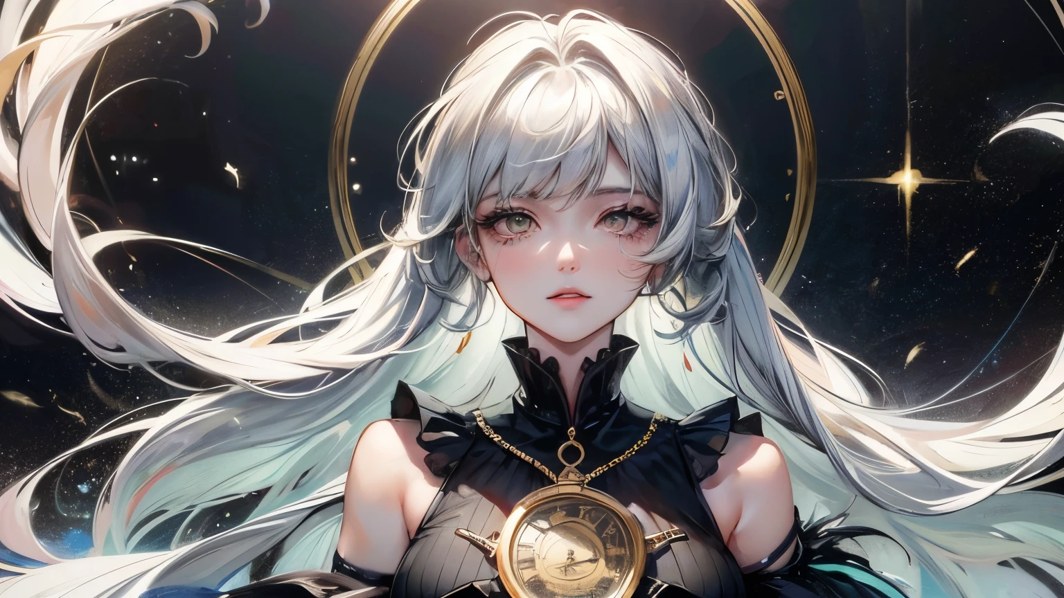 Realistic, (masterpiece, Highest quality, Highest quality, Official Art, beautifully、aesthetic: 1.2), Very detailed, fractal art, colorful, The most detailed, Leo, (Abstract background: 1.5), (One girl: 1.3), (Cat Class), Yellow Hair, Bright Eyes, Serious, Combed back, short hair, milky way, huge magical gold Leo astrolabe, dream, Fantasy, ,beautifullydetailedな空, Style and Decoration for Leo, Leogoddess, (Browsing Caution:0.8), Delicate reflectivity and high glass guardrail board,((Highest quality)), ((masterpiece)), (detailed), アニメ Fairy magic City monochrome romantic Calm Retro Style Elegant and detailed feather design Gothic Dress accessories Light effects Gothic goddess Silver Hair