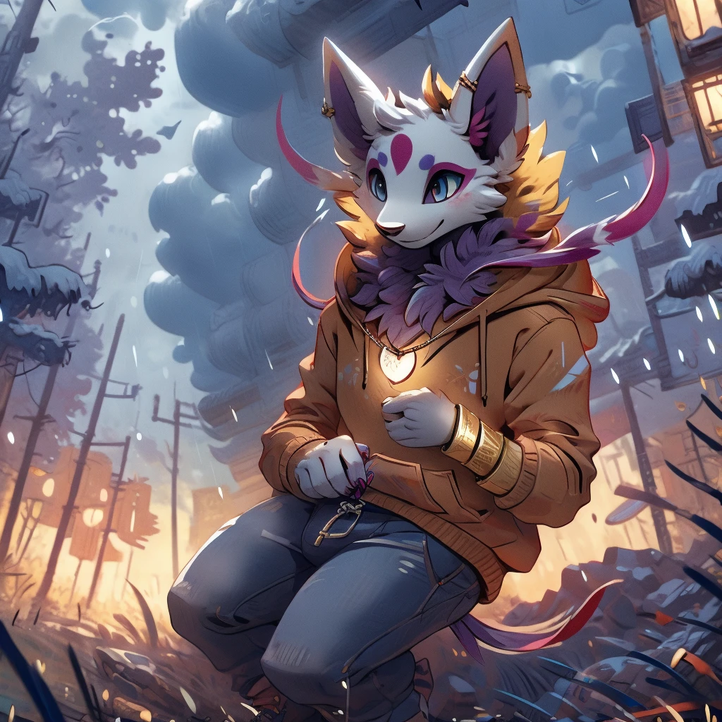 A Kyubi femboy wearing a sweatshirt and pants and socks and a necklace on his neck and with golden bracelets on his arms in a dark and desolate forest and on a rainy night playing with toys (well detailed and error free)