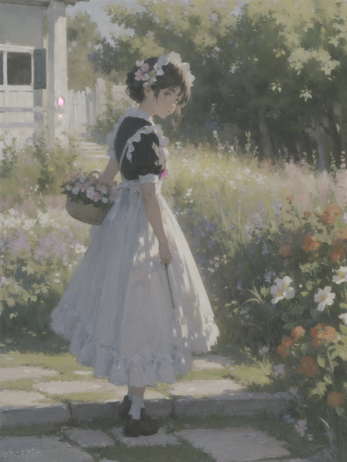 (1girl:1.5),garden,monet,impressionist,flower,garden,grass,stone step road,flowerpot,birch,maid,[doctor],up close,holding a flower basket,rich gradient,extreme colors,extreme details,clear light perception, colorful,