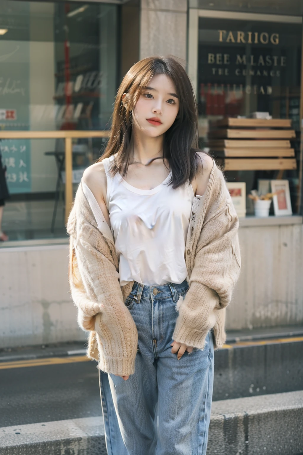 ((best quality)), ((Masterpiece)), (details), Japanese girl standing in the middle of the street in casual clothes