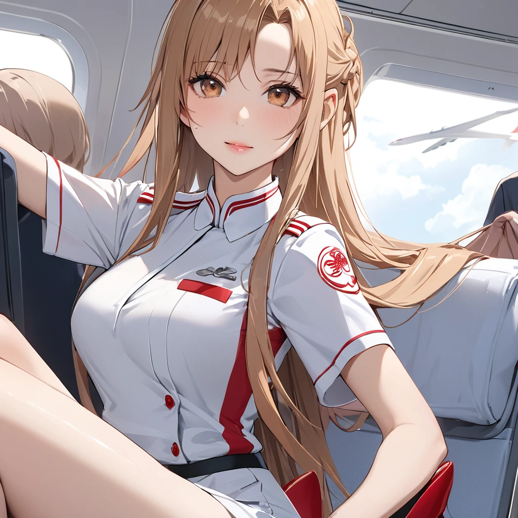 ((Highest quality)), ((masterpiece)), (detailed), (Perfect Face)、The woman is a Chinese woman with light brown, medium-long hair, named Yuuki Asuna, a flight attendant for Air China.、The woman is wearing a red Air China flight attendant uniform and red heels.