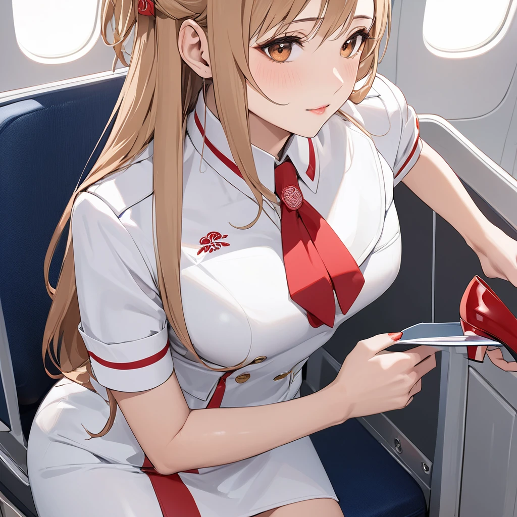 ((Highest quality)), ((masterpiece)), (detailed), （Perfect Face）、The woman is a Chinese woman with light brown, medium-long hair, named Yuuki Asuna, a flight attendant for Air China.、The woman is wearing a red Air China flight attendant uniform and red heels.