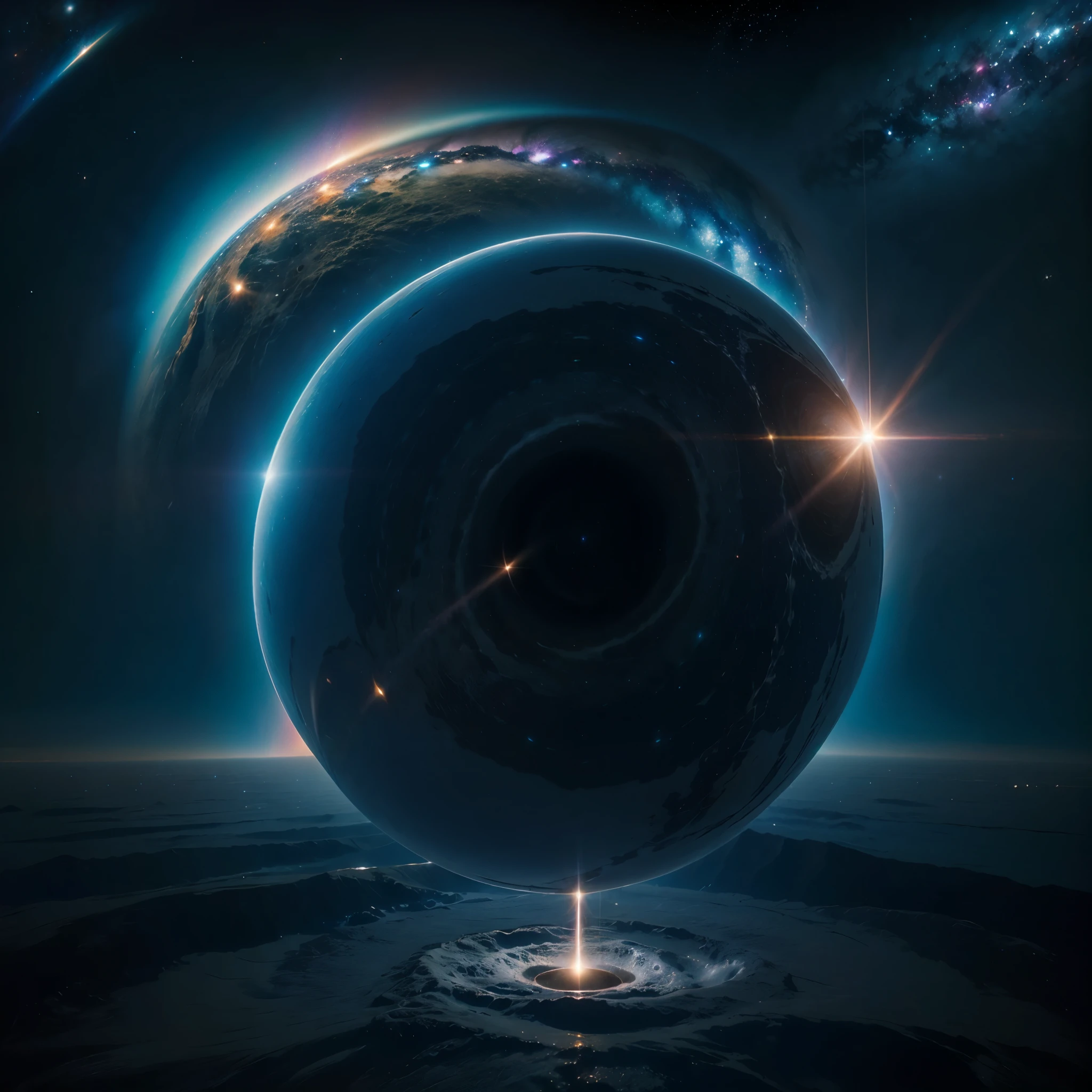 Realistic, Vivid space、Multiverse、Multiple universes with galaxies, Nebulae and black holes in a cosmic sphere, Ocean, A single ball of light is shot high into the air