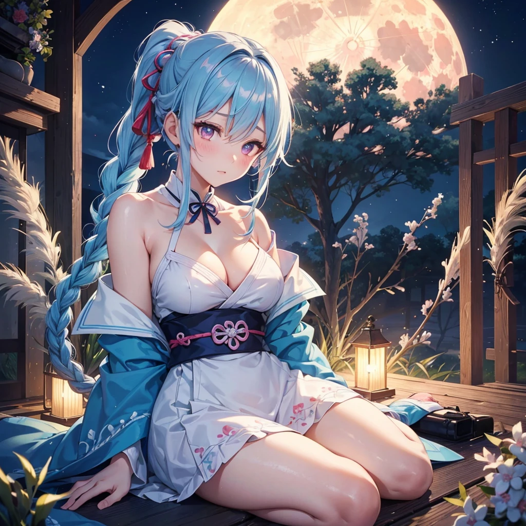 Sky blue hair, (Braided Ponytail), Pink eyes,Fair skin ,(whole body),(One Girl),Tsukimi,Dumpling,Japanese pampas grass,(beautiful, Full moon shining in the night sky),(masterpiece, Highest quality, Very detailed, Best Shadow), (Detailed Background), (Beautifully detailed face), High Contrast, (Best lighting, Very delicate and beautiful), ((Cinematic Light)), colorful, Hyper Detail,8k, Dramatic Light, Intricate details,Sit and eat dumplings while watching the moon,Rabbit pattern on the moon,mysterious