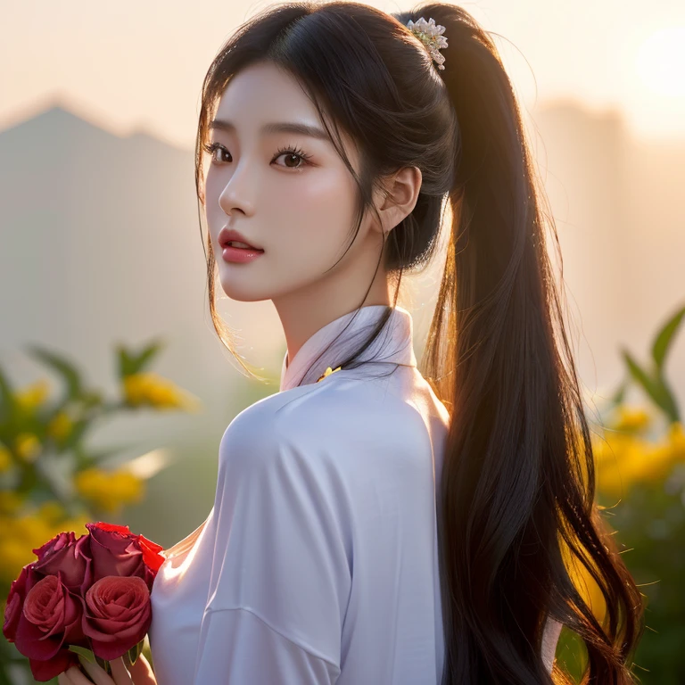 Female model, 2 4 years old, Thai anime,black hair, ponytail,Extra long hair 2 meters, With a torn cropped t-shirt, beautiful female model, Trending on cgstation, วัดChest 36 inches “Very large chest.,, Chest 36 inches “Very large chest., Beautiful digital artและงดงาม, Beautiful digital art, Beautiful digital artwork, beautiful digital paintings, very Beautiful digital art, beautiful paintings, Beautiful fantasy art images, Spectacular digital painting, beautiful oriental woman, UHD 4K beautiful art, Amazing digital paintings, beautiful goddess, beautiful fantasy pictures, a close up of a woman have long hair holding a bouquet of flowers, beautiful south korean woman, asian girl have long hair, Chinese girl, beautiful asian girl, Korean girl, have long hair, Gorgeous Chinese model, beautiful young korean woman, gorgeous young korean woman, Sazi, korean woman, beautiful asian woman, Inspiration from Huang Ji, Chinese woman, By Ni Thian