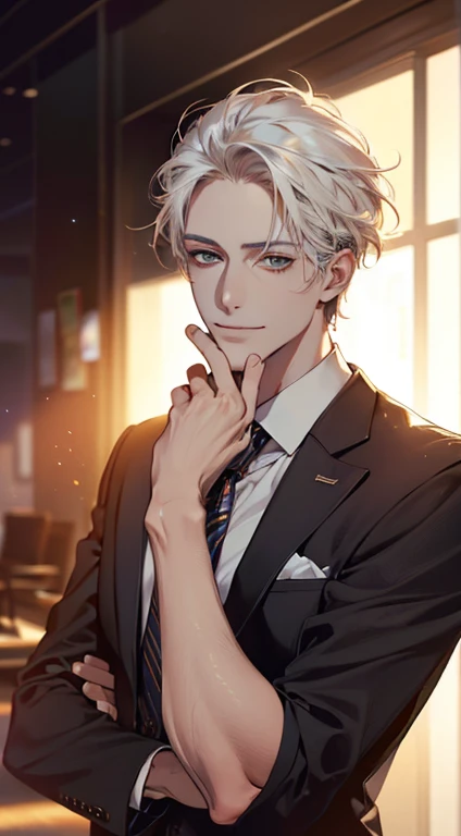 (Highest quality,4K,8K,High resolution,masterpiece:1.2),Super detailed,(Realistic,photoRealistic,photo-Realistic:1.37),1 person,34 years old,Mature Men,Beautiful skin、very handsome,Expressionless smile in love,Short white hair,green eyes,Sharp Eyes,A perfect face without a doubt,Businessman, CEO, Office Background,Cinema Lighting,HDR image,tie、