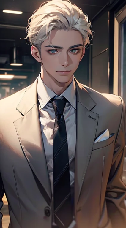 (Highest quality,4K,8K,High resolution,masterpiece:1.2),Super detailed,(Realistic,photoRealistic,photo-Realistic:1.37),1 person,34 years old,Mature Men,Beautiful skin、very handsome,Expressionless smile in love,Short white hair,green eyes,Sharp Eyes,A perfect face without a doubt,Businessman, CEO, Office Background,Cinema Lighting,HDR image,tie、