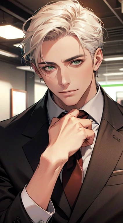 (Highest quality,4K,8K,High resolution,masterpiece:1.2),Super detailed,(Realistic,photoRealistic,photo-Realistic:1.37),1 person,34 years old,Mature Men,Beautiful skin、very handsome,Expressionless smile in love,Short white hair,green eyes,Sharp Eyes,A perfect face without a doubt,Businessman, CEO, Office Background,Cinema Lighting,HDR image,tie、
