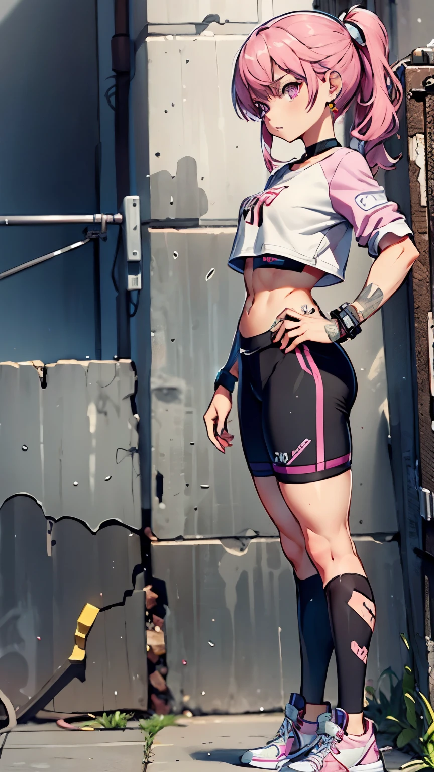 ((medium breath)),long hair, pink hair, red head ornament, pink highlights, hair over one eye,purple eyes, earrings, sharp eyes, choker, neon shirt, open jacket, crop top, (symmetry eyes),(perfect symmetrical body),against wall, brick wall, graffiti, dim lighting, alley ,side view , woman at a gym, cute, front Pose, fitness girl, side profile overview, standing, erect Pose, symetrical, fitness model, skinny, Red sneakers, best qualityer, relaxed arms, hands down, ankle, fullbody view, stand straight with your back upright. Keep your shoulders back and maintain a straight line from your head to your feet.