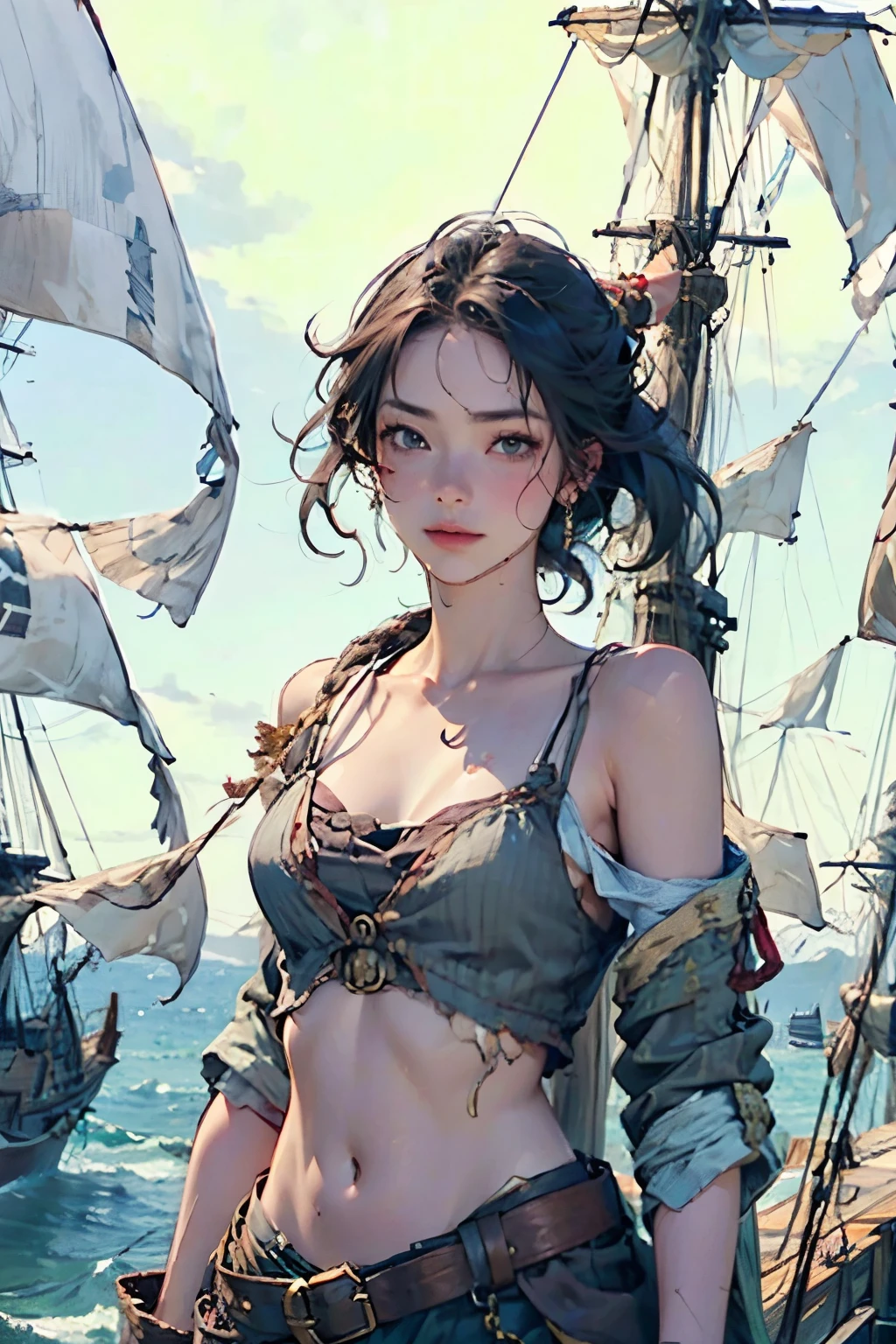 (Fascinating Female Pirate Captain:1.2)、(Take command on the deck of a pirate ship:1.2)、Off the shoulder、Sexy Looks, short hair、BREAK Caribbeanで英国海軍との海戦、(2 Galleons:1.4)、 (Naval battles:1.2)、(Close Combat:1.2)、Caribbean、 (Galleon Fire:1.2)、(Galleon Explosion:1.2)、(Torn sails:1.2)、 (Realistic:1.2)、Very detailed、(intricate details 1.2)、Blur the background、8k, masterpiece、