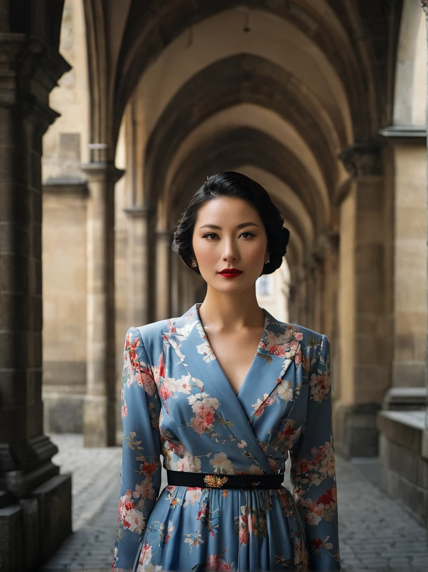the lady name 29o23, japanese lady, woman, portrait of sks woman in Prague, at the Prague Castle, by Flora Borsi, 1930s dress professional modern chic, style by Flora Borsi, bold, bright colours, ((Flora Borsi)), by Gregory Crewdson,