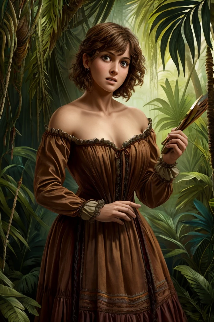 female bear mid transformation, solo, masterpiece, best art, victorian dress. detailed hands, detailed eyes, detailed torso, jungle, expression, transformation, human face, brown shaggy hair.