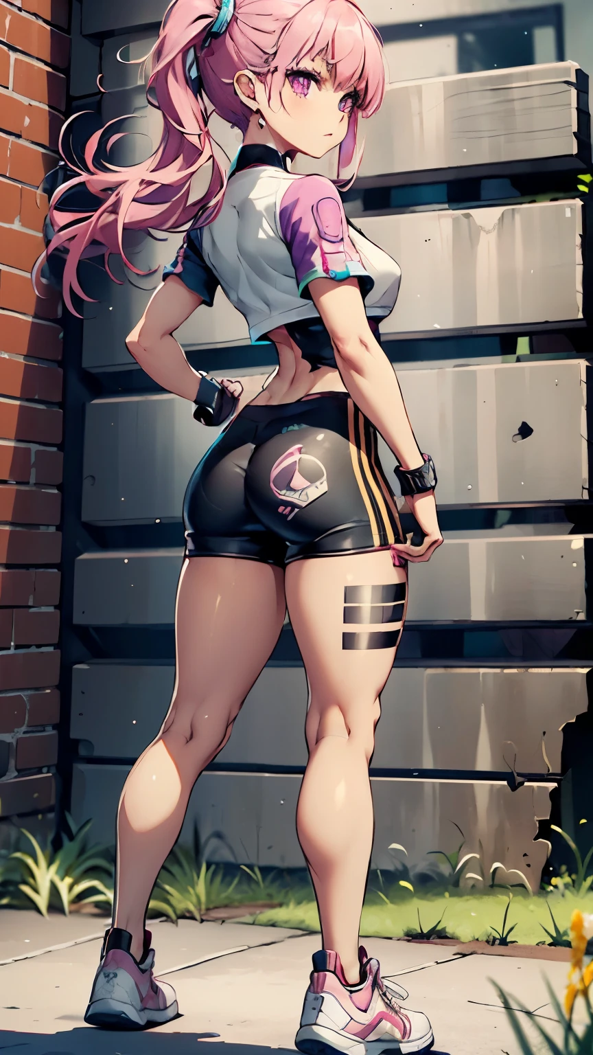 ((medium breath)),long hair, pink hair, red head ornament, pink highlights, hair over one eye,purple eyes, earrings, sharp eyes, choker, neon shirt, open jacket, crop top, (symmetry eyes),(perfect symmetrical body),against wall, brick wall, graffiti, dim lighting, alley ,side view , woman at a gym, cute, front Pose, fitness girl, side profile overview, standing, erect Pose, symetrical, fitness model, skinny, Red sneakers, best qualityer, relaxed arms, hands down, ankle, fullbody view, stand straight with your back upright. Keep your shoulders back and maintain a straight line from your head to your feet.